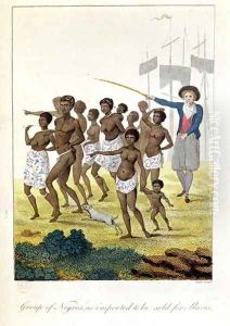 Group of negroes imported to be sold for Slaves in 1793, from Narrative of a Five Years Expedition against the Revolted Negroes of Surinam, by J.G. Stedman, 1796