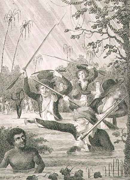 March through a Swamp or Marsh in Terra Firma, 1794, plate 56 from Volume II of Narrative of a Five Years Expedition against the Revolted Negroes of Surinam, pub. 1806 - view 1