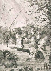 March through a Swamp or Marsh in Terra Firma, 1794, plate 56 from Volume II of Narrative of a Five Years Expedition against the Revolted Negroes of Surinam, pub. 1806 by John Gabriel Stedman