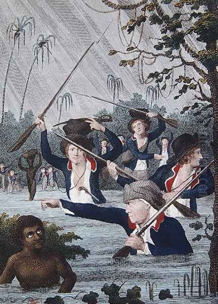 March Through a Swamp in Pursuit of Slaves, from Narrative of a Five Years Expedition against the Revolted Negroes of Surinam, in Guiana, on the Wild Coast of South America, from the year 1772 to 1777, engraved by Francesco Bartolozzi 1727-1815 - view 1