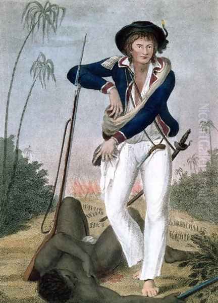 Self Portrait of the artist with a dead slave at his feet, from Narrative of a Five Years Expedition against the Revolted Negroes of Surinam, in Guiana, on the Wild Coast of South America, from the year 1772 to 1777, engraved by Francesco Bartolozzi - view 1