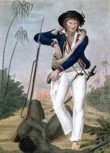 Self Portrait of the artist with a dead slave at his feet, from Narrative of a Five Years Expedition against the Revolted Negroes of Surinam, in Guiana, on the Wild Coast of South America, from the year 1772 to 1777, engraved by Francesco Bartolozzi by John Gabriel Stedman