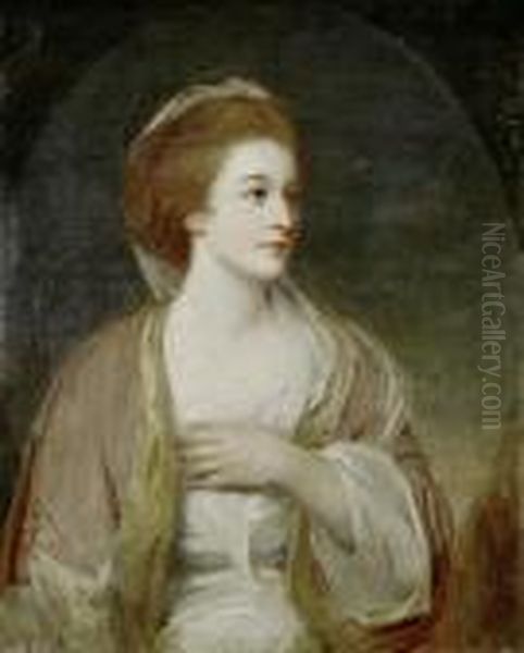 Portrait Of A Lady, Said To Be 
Frances Woodley, Half-length, In A White Dress With Blue Sash And A Pink
 Shawl Standing Before A Landscape - view 1