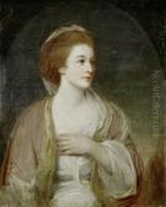 Portrait Of A Lady, Said To Be 
Frances Woodley, Half-length, In A White Dress With Blue Sash And A Pink
 Shawl Standing Before A Landscape