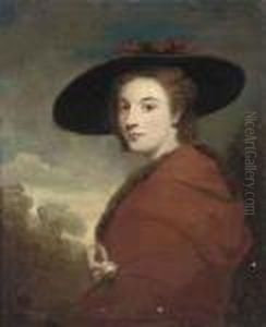 Portrait Of A Lady, Half-length,
In A Red Fur-trimmed Cloak Andblack Hat, A Rose In Her Right Hand, In A
Landscape by George Romney