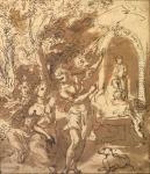 Figures And A Dog Before A Sculpture Niche - view 1