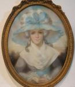 Portrait Of A Lady Wearing A Hat With Blue Ribbon by George Romney