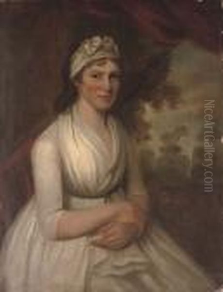 Portrait Of A Lady, Seated
Half-length, In A White Dress With A White Ribbon In Her Hair, An
Extensive Landscape Beyond - view 1