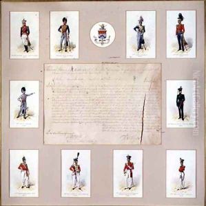 Ten coloured engravings of officers in uniform