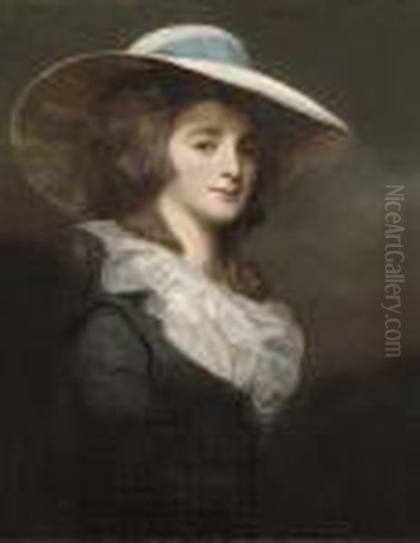 Portrait Of Lady Herries,
Half-length, In A Grey Dress And Whitecollar, With A Wide-brimmed White
Hat With A Blue Ribbon - view 1