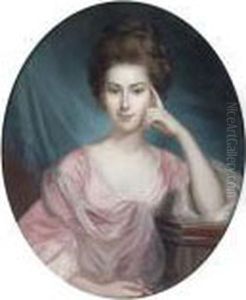 Portrait Of A Lady, Half-length, In A Pink Dress, Holding A Miniature