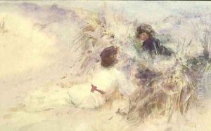 The Artists Wife and Son on the Dunes at Etretat, Normandy by Charles Sims