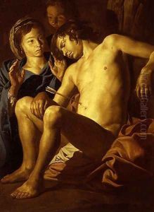 San Sebastián atendido por Santa Irene y una esclava 1640-1650 by Matthias Stomer