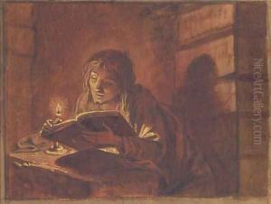 A man reading a book by candlelight by Matthias Stomer