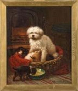 Chienne Et Ses Petits Devant La Cheminee by Henriette Ronner-Knip