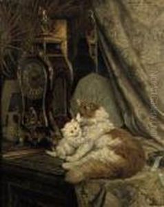 Mother Cat And Her Kitten With A Bracket Clock by Henriette Ronner-Knip