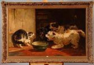 Chiens Et Chat Se Disputant La Gamelle by Henriette Ronner-Knip
