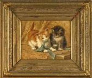 Chatons Jouant Avec Un Ruban Bleu by Henriette Ronner-Knip