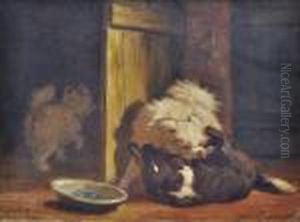 Small Dogs Wrestling (while Another Steals The Bone) by Henriette Ronner-Knip