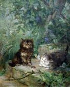 Kittens Hunting Bugs In A Garden by Henriette Ronner-Knip