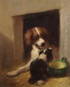 Two Dogs Near A Doghouse by Henriette Ronner-Knip