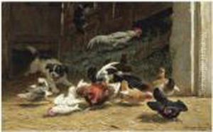 A Puppy Chasing Chickens And A Cat In The Farm Yard by Henriette Ronner-Knip
