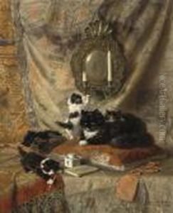 A Mother Cat Resting While Her Kittens Play by Henriette Ronner-Knip