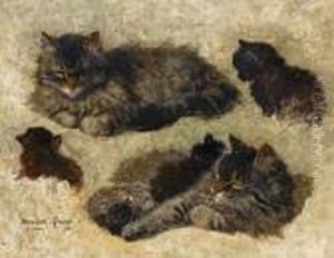 Study Of A Cat And Kittens by Henriette Ronner-Knip