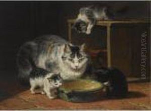 A Mother Cat And Her Kittens In A Kitchen Interior by Henriette Ronner-Knip