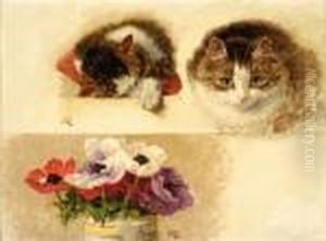 A Sketch Of Two Kittens And Flowers In A Pot by Henriette Ronner-Knip