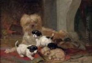 Playing In Front Of The Fire by Henriette Ronner-Knip