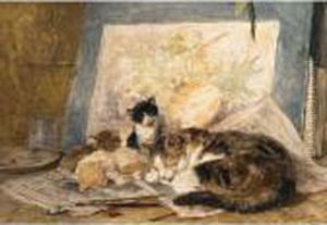 Cat And Her Kittens In The Artist's Studio by Henriette Ronner-Knip