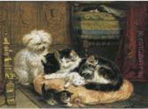 A Cat With Her Four Kittens With A Friendly Dog by Henriette Ronner-Knip