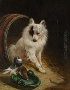 A Dog In A Barn, With Pigeons At A Water Bowl by Henriette Ronner-Knip