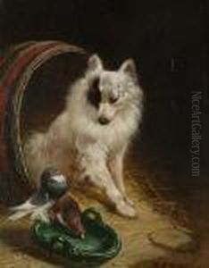 A Dog In A Barn, With Pigeons At A Waterbowl by Henriette Ronner-Knip