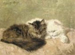 Two Cats On A Pink Pillow by Henriette Ronner-Knip