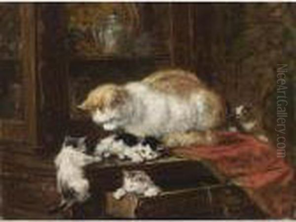 A Watchful Mother With Playing Kittens - view 1