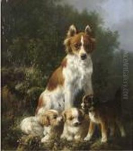 Three Pups And Their Mother by Henriette Ronner-Knip