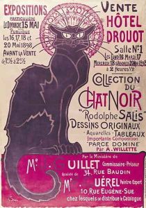 Poster advertising an exhibition of the Collection du Chat Noir cabaret at the Hotel Drouot, Paris, May 1898 by Theophile Alexandre Steinlen