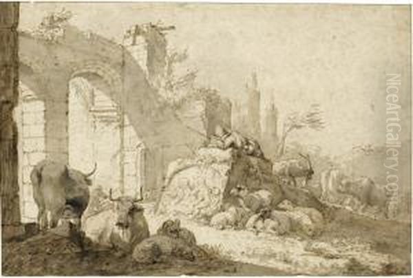 Peasants And Their Animals Resting Among Classical Ruins - view 1