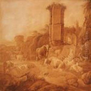 Shepherd And Shepherdess With Cattle And Goats By A Classicruin by Johan Heinrich Roos