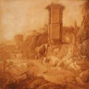 Shepherd And Shepherdess With Cattle And Goats By A Classic Ruin by Johan Heinrich Roos