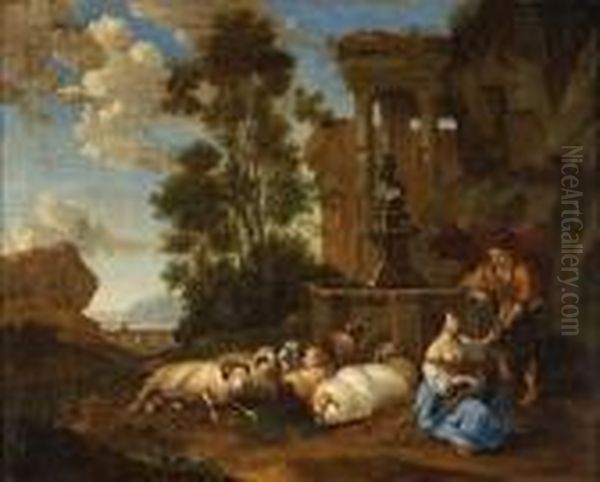 Two Figures At A Fountain With Their Flockbeside Them And Ruins Beyond - view 1