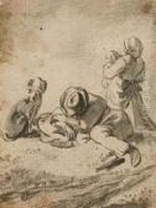 Paysan Allonge A Cote De Son Chien, Une Femme Et Son Enfantderriere Lui Paysan Allonge A Cote De Son Chien, Une Femme Et Son Enfantderriere Lui