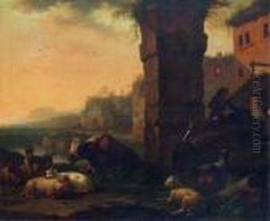 Patre Et Son Troupeau Dans Des Ruines De La Campagneitalienne by Johan Heinrich Roos