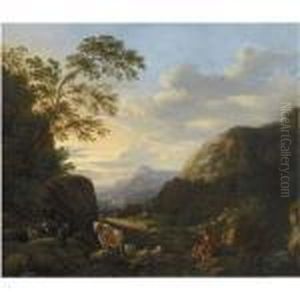 A Rocky Southern Landscape With A Shepherd With His Flock Restingon A Path thumbnail
