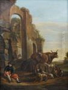 A Huntsman With His Dogs And 
Horse Restingbefore A Fountain; And A Shepherd With Goats, Sheep And A 
Bullbefore Ruins