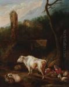 Rastendes Hirtenpaar Mit Vieh In Ruinenlandschaft by Johan Heinrich Roos