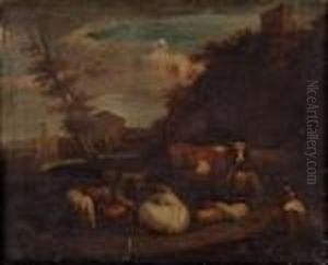 Zwei Hirten Mit Herden In Landschaft by Johan Heinrich Roos