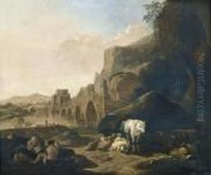 Pastorale Flusslandschaft Mit Brucke Und Staffage. by Johan Heinrich Roos